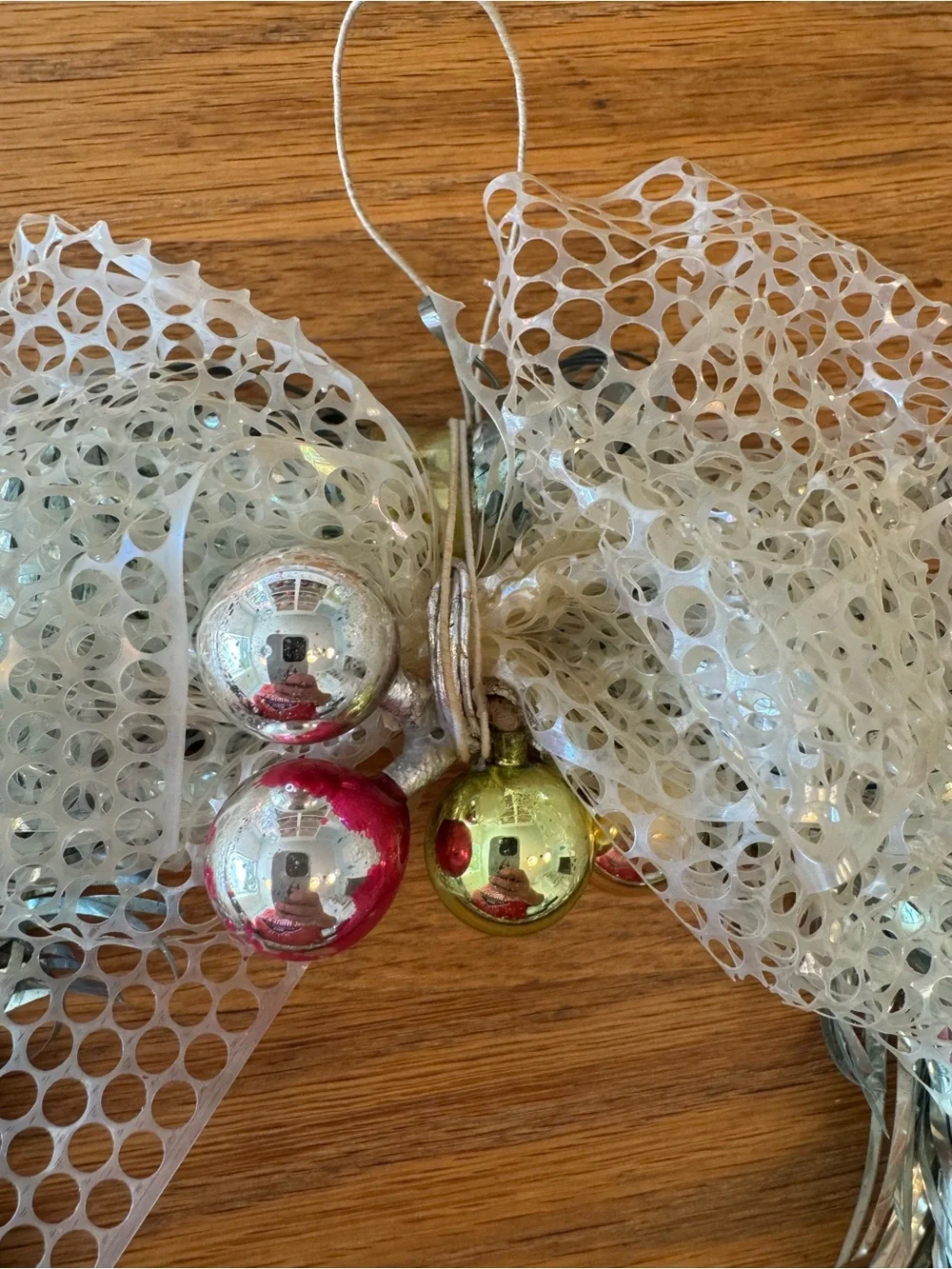 ✨🎄 Vintage Aluminum Foil Christmas Wreath with Mercury Glass Ornaments